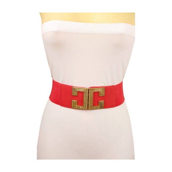 New Women Coral Pink Red Elastic Wide Fashion Belt Gold Metal C Buckle Size S M - Picture 3 of 17